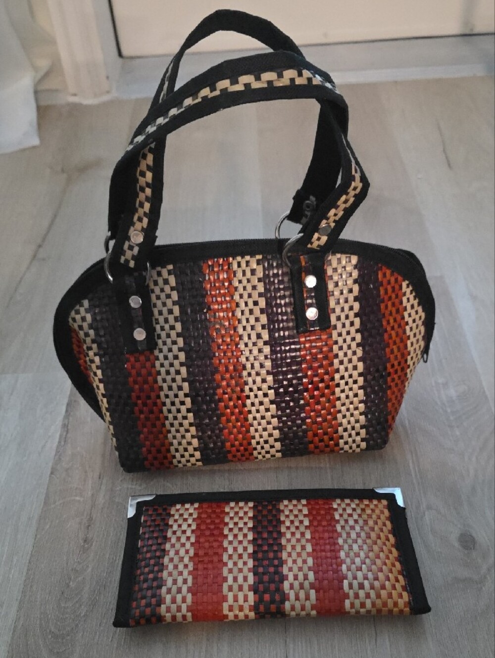 Artisanal Multi-Stripe Woven Satchel Bag With Matching Wallet